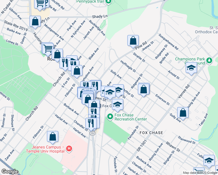 map of restaurants, bars, coffee shops, grocery stores, and more near 8102 Elberon Avenue in Philadelphia