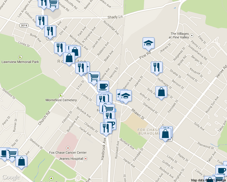 map of restaurants, bars, coffee shops, grocery stores, and more near 8040 Pine Road in Philadelphia