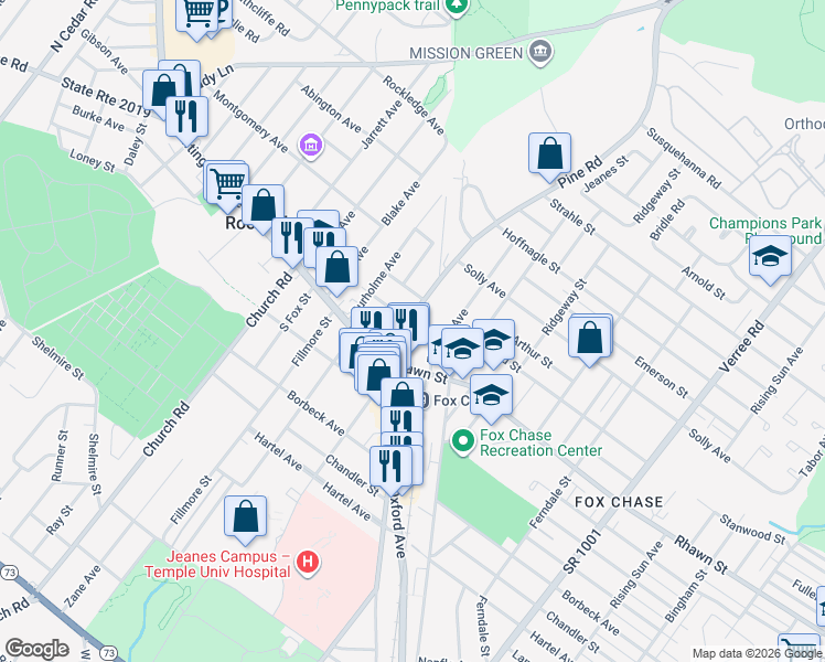 map of restaurants, bars, coffee shops, grocery stores, and more near 8040 Pine Road in Philadelphia