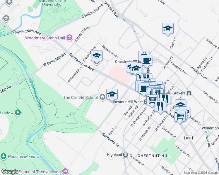 map of restaurants, bars, coffee shops, grocery stores, and more near 8840 Germantown Avenue in Philadelphia