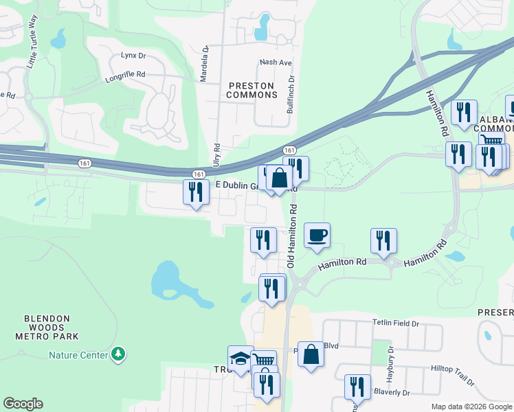 map of restaurants, bars, coffee shops, grocery stores, and more near 5083 Strand Road in Westerville