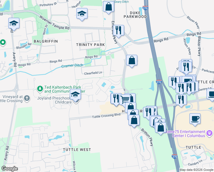 map of restaurants, bars, coffee shops, grocery stores, and more near 5473 Crescent Ridge Drive in Dublin
