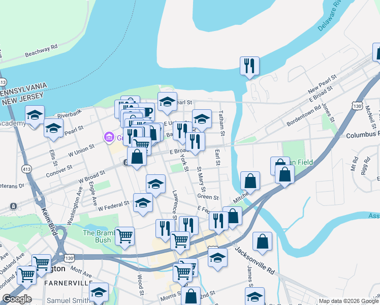map of restaurants, bars, coffee shops, grocery stores, and more near 216 East Broad Street in Burlington