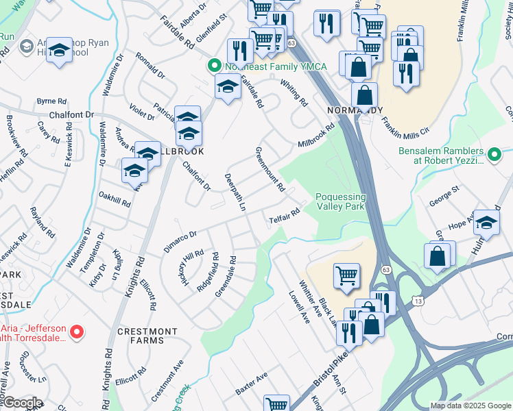 map of restaurants, bars, coffee shops, grocery stores, and more near 11708 Dimarco Drive in Philadelphia