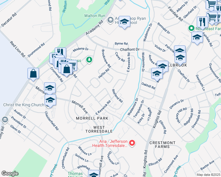 map of restaurants, bars, coffee shops, grocery stores, and more near 10820 Rayland Road in Philadelphia