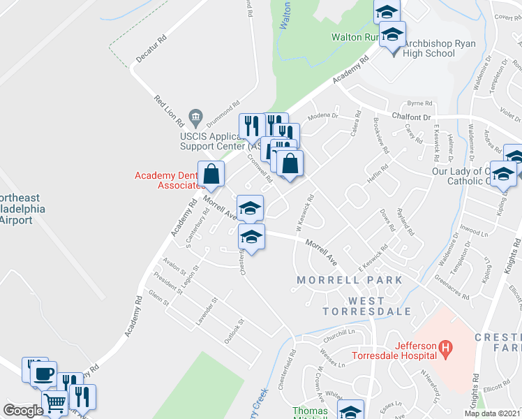 map of restaurants, bars, coffee shops, grocery stores, and more near 3225 Kilburn Road in Philadelphia