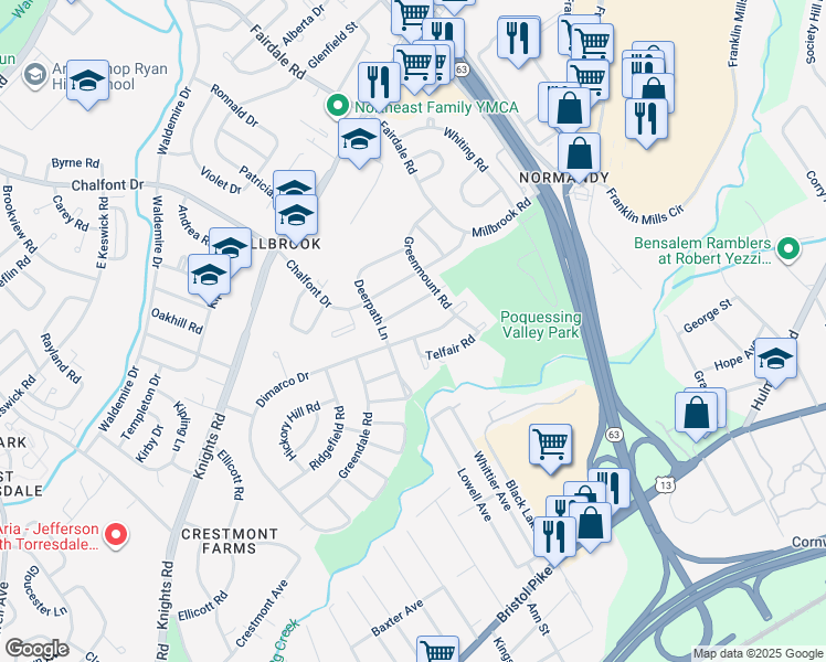 map of restaurants, bars, coffee shops, grocery stores, and more near 11714 Dimarco Drive in Philadelphia