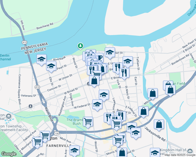map of restaurants, bars, coffee shops, grocery stores, and more near in Burlington
