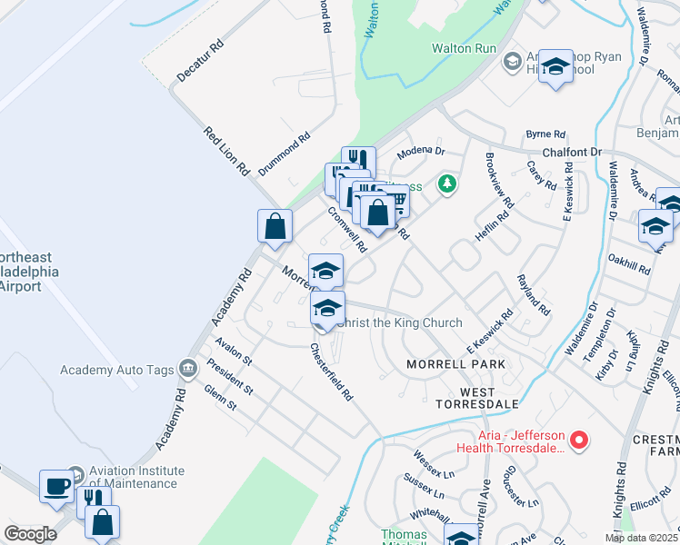 map of restaurants, bars, coffee shops, grocery stores, and more near 3225 Kilburn Road in Philadelphia