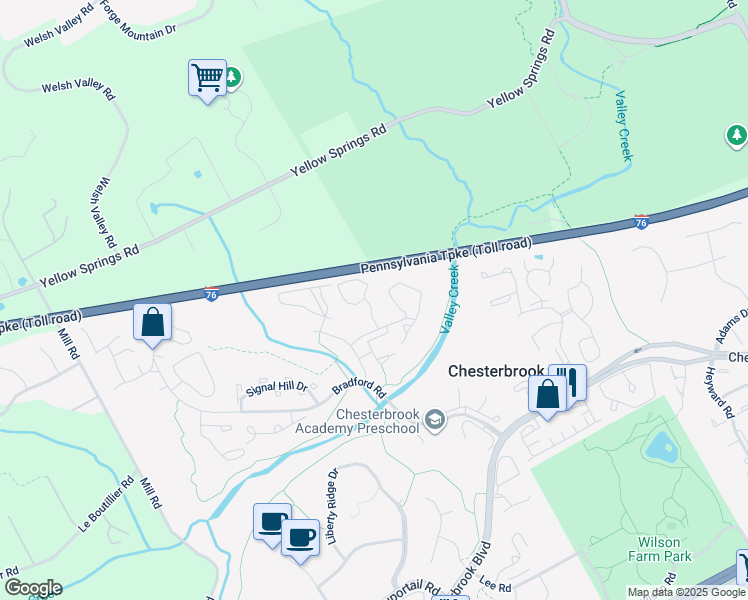 map of restaurants, bars, coffee shops, grocery stores, and more near 171 Valley Stream Circle in Chesterbrook