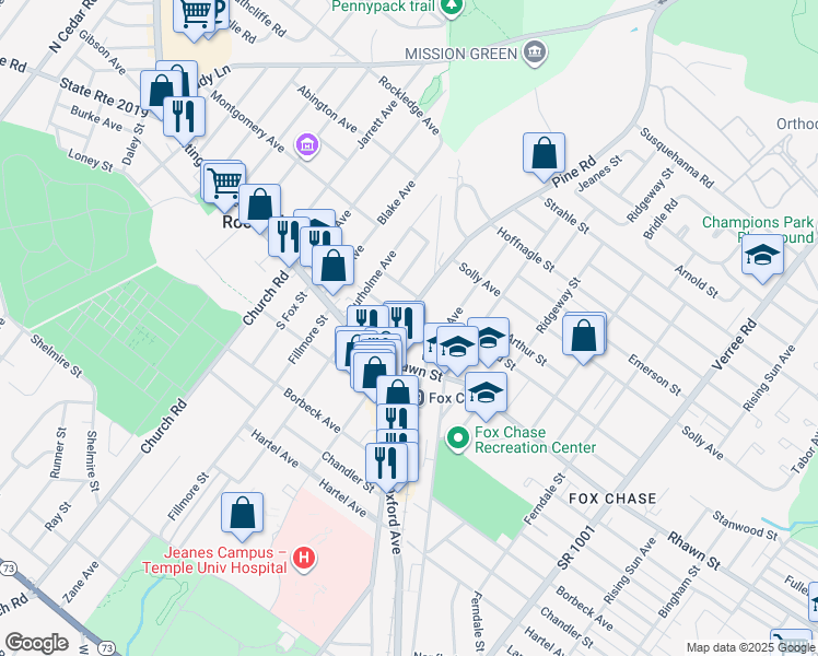 map of restaurants, bars, coffee shops, grocery stores, and more near 8040 Pine Road in Philadelphia