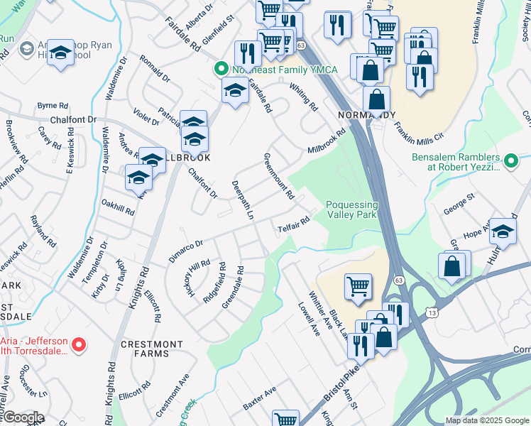 map of restaurants, bars, coffee shops, grocery stores, and more near 11710 Dimarco Drive in Philadelphia
