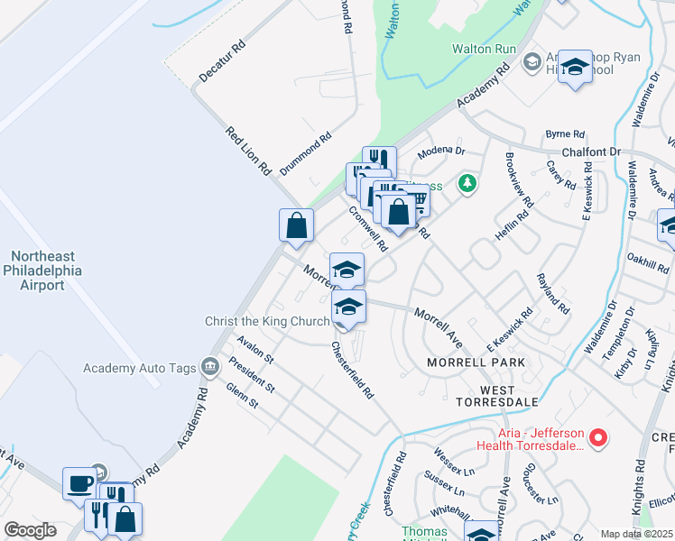 map of restaurants, bars, coffee shops, grocery stores, and more near 3249 Morrell Avenue in Philadelphia