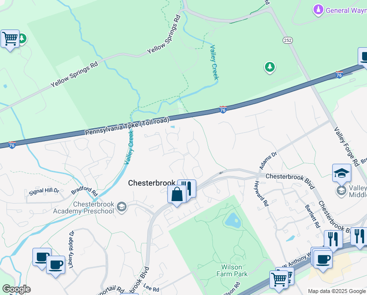 map of restaurants, bars, coffee shops, grocery stores, and more near 4 Treaty Drive in Chesterbrook