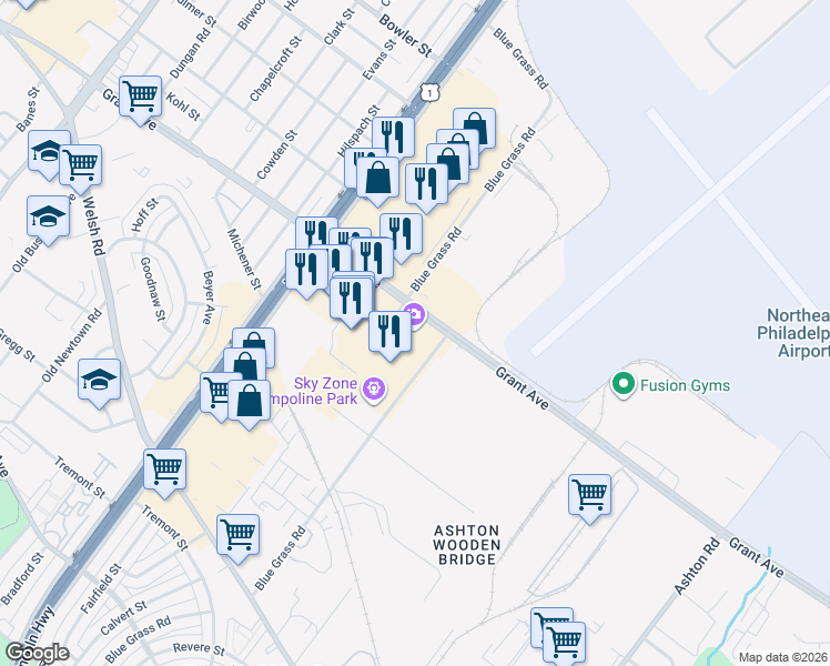 map of restaurants, bars, coffee shops, grocery stores, and more near 2500 Grant Avenue in Philadelphia