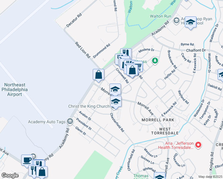 map of restaurants, bars, coffee shops, grocery stores, and more near 3249 Morrell Avenue in Philadelphia