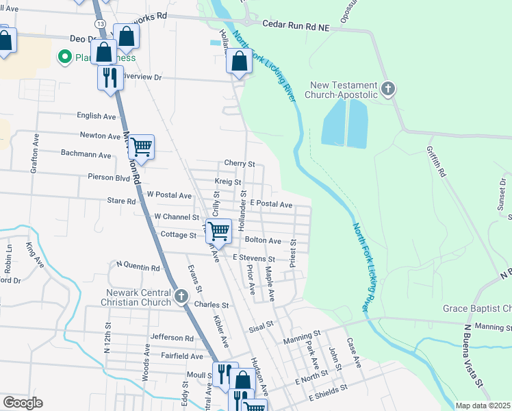 map of restaurants, bars, coffee shops, grocery stores, and more near 697 Maple Avenue in Newark