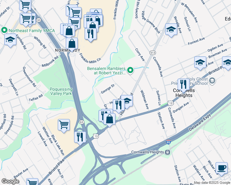 map of restaurants, bars, coffee shops, grocery stores, and more near 1141 Regina Avenue in Bensalem