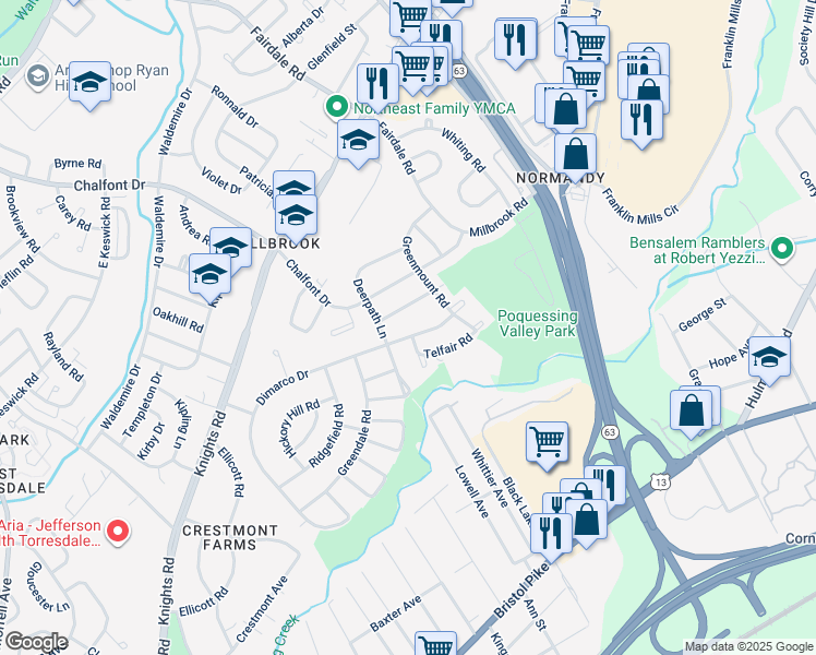map of restaurants, bars, coffee shops, grocery stores, and more near 11714 Dimarco Drive in Philadelphia