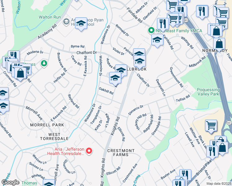 map of restaurants, bars, coffee shops, grocery stores, and more near 11011 Kipling Lane in Philadelphia