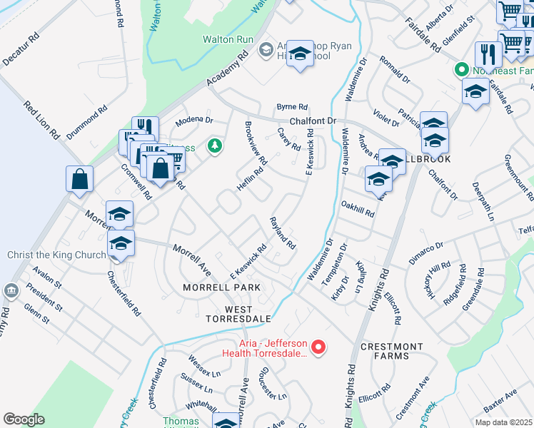 map of restaurants, bars, coffee shops, grocery stores, and more near 10820 Rayland Road in Philadelphia