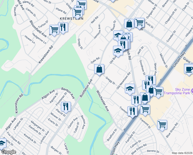 map of restaurants, bars, coffee shops, grocery stores, and more near 9120 Bustleton Avenue in Philadelphia