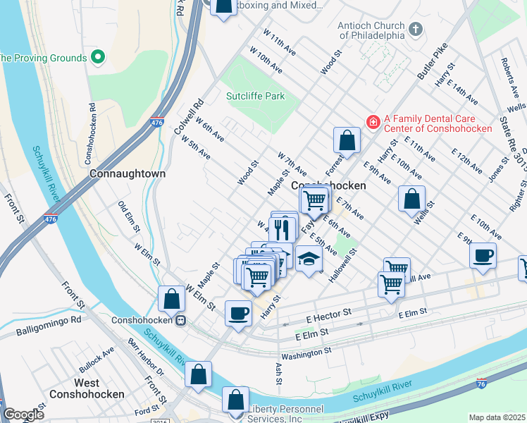 map of restaurants, bars, coffee shops, grocery stores, and more near 413 Maple Street in Conshohocken
