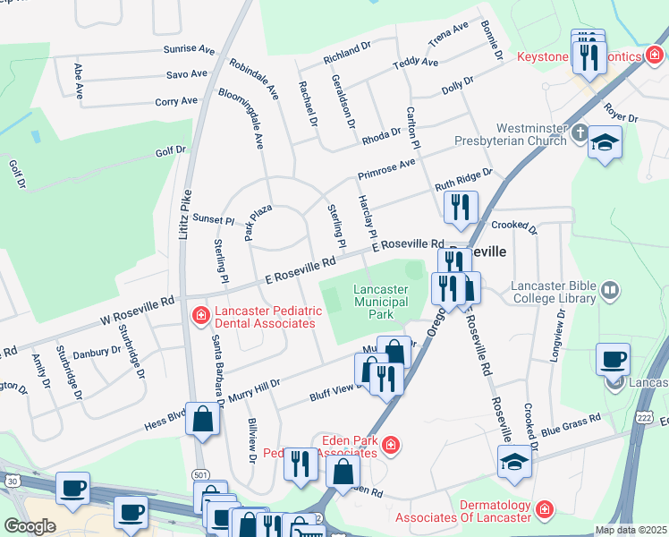 map of restaurants, bars, coffee shops, grocery stores, and more near 216 E Roseville Rd in Lancaster