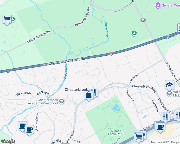 map of restaurants, bars, coffee shops, grocery stores, and more near 114 Meetinghouse Pond in Chesterbrook