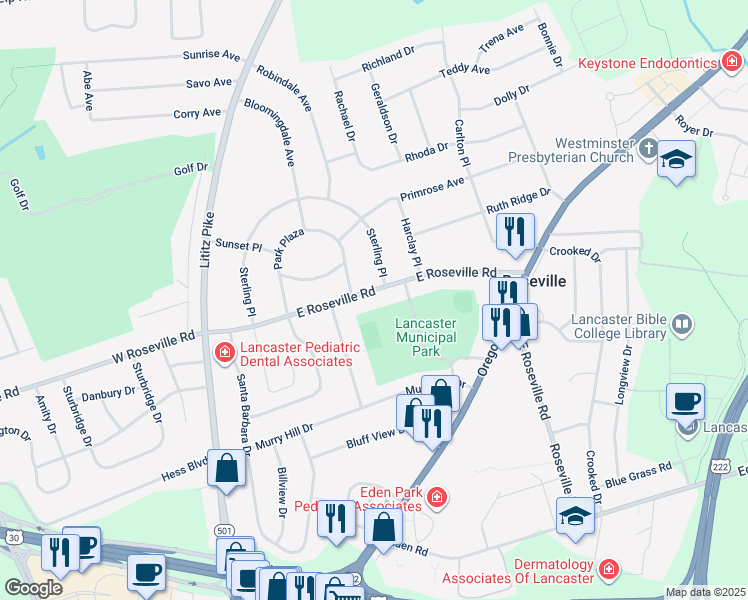 map of restaurants, bars, coffee shops, grocery stores, and more near 216 E Roseville Rd in Lancaster