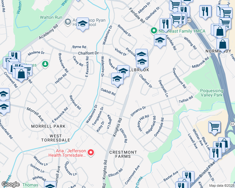map of restaurants, bars, coffee shops, grocery stores, and more near 11011 Kipling Lane in Philadelphia