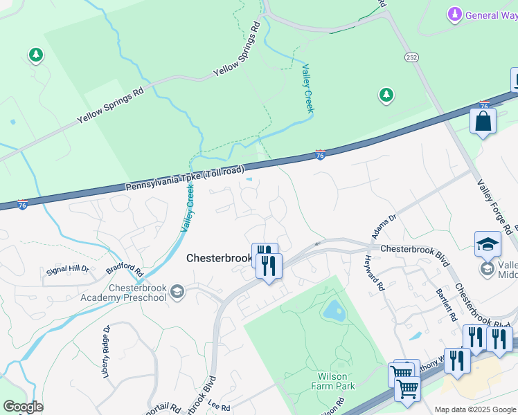 map of restaurants, bars, coffee shops, grocery stores, and more near 114 Meetinghouse Pond in Chesterbrook