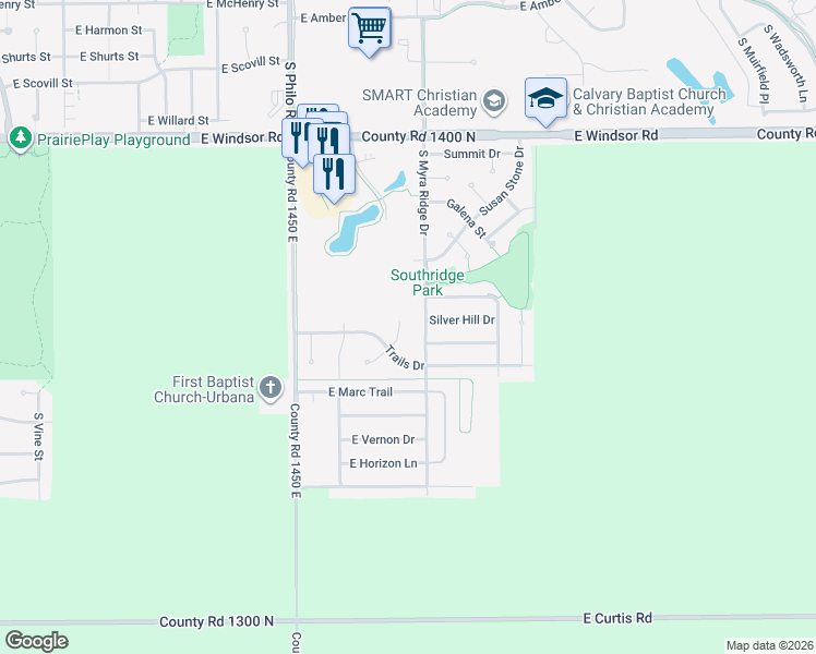 map of restaurants, bars, coffee shops, grocery stores, and more near 3107 Chatham Drive in Urbana