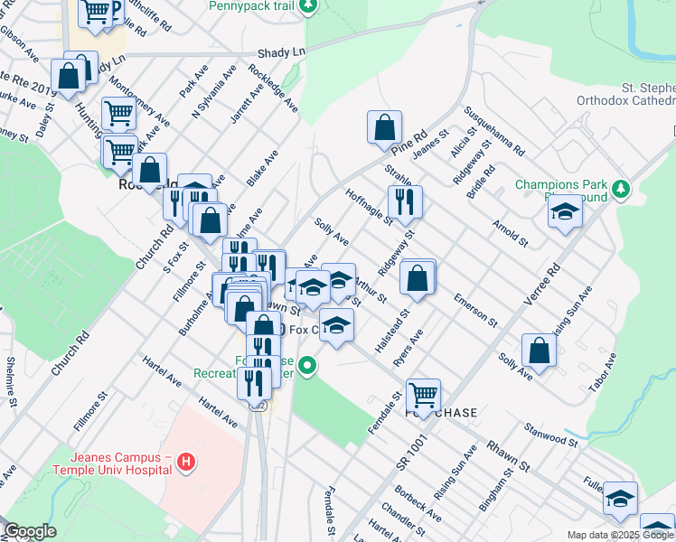 map of restaurants, bars, coffee shops, grocery stores, and more near 8115 Jeanes Street in Philadelphia