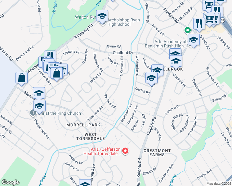 map of restaurants, bars, coffee shops, grocery stores, and more near 10836 East Keswick Road in Philadelphia