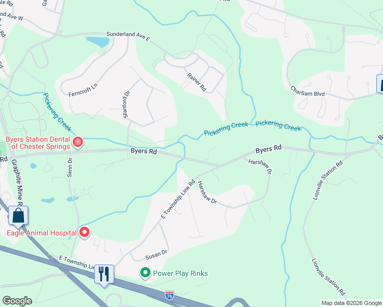 map of restaurants, bars, coffee shops, grocery stores, and more near 361 Byers Road in Chester Springs