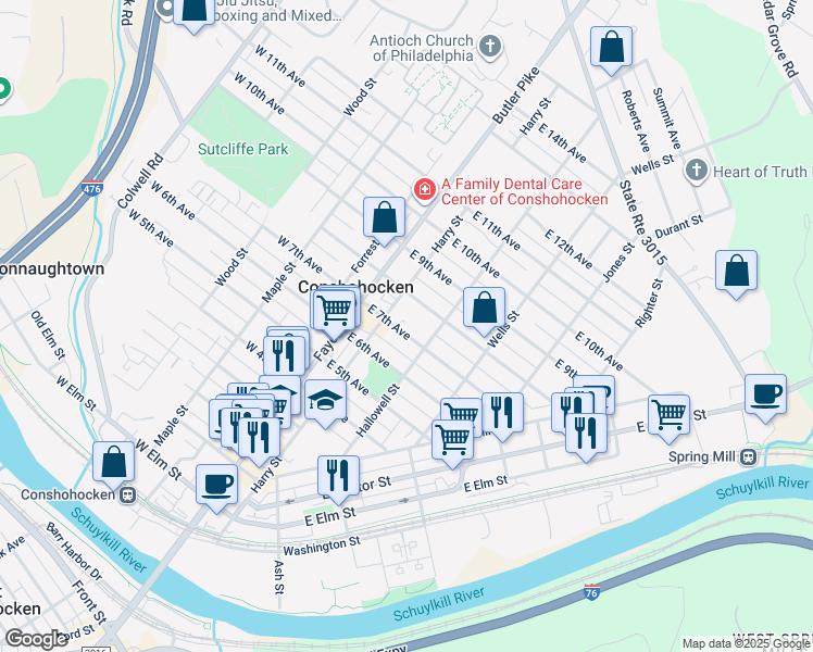 map of restaurants, bars, coffee shops, grocery stores, and more near 711 Harry Street in Conshohocken