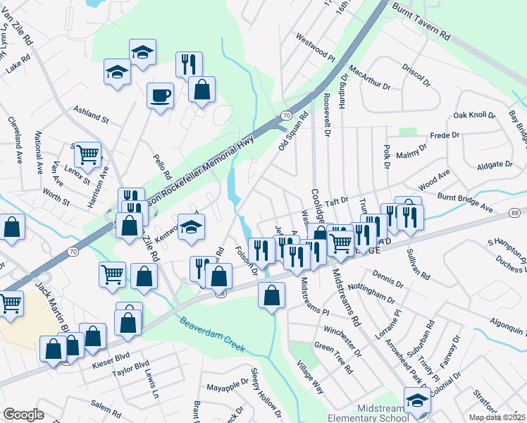 map of restaurants, bars, coffee shops, grocery stores, and more near 109 Jefferson Drive in Brick Township
