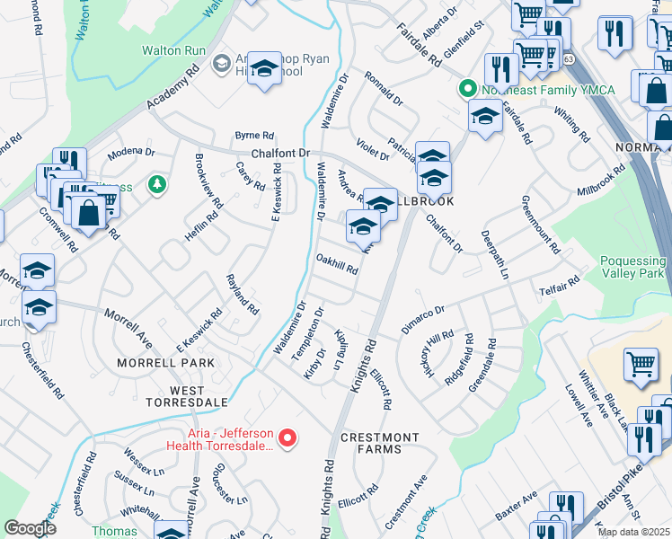 map of restaurants, bars, coffee shops, grocery stores, and more near 3808 Oakhill Road in Philadelphia