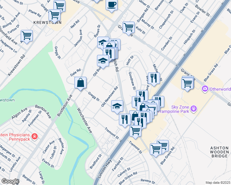 map of restaurants, bars, coffee shops, grocery stores, and more near 9238 Old Newtown Road in Philadelphia