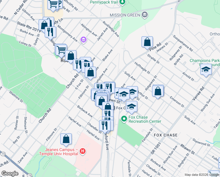 map of restaurants, bars, coffee shops, grocery stores, and more near 8040 Pine Road in Philadelphia