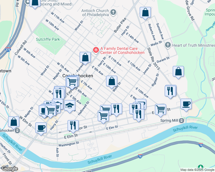 map of restaurants, bars, coffee shops, grocery stores, and more near 217 East 9th Avenue in Conshohocken