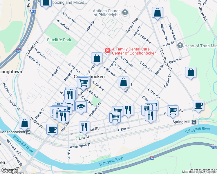 map of restaurants, bars, coffee shops, grocery stores, and more near 135 East 8th Avenue in Conshohocken