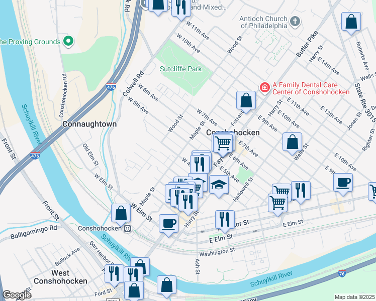 map of restaurants, bars, coffee shops, grocery stores, and more near 209 West 5th Avenue in Conshohocken