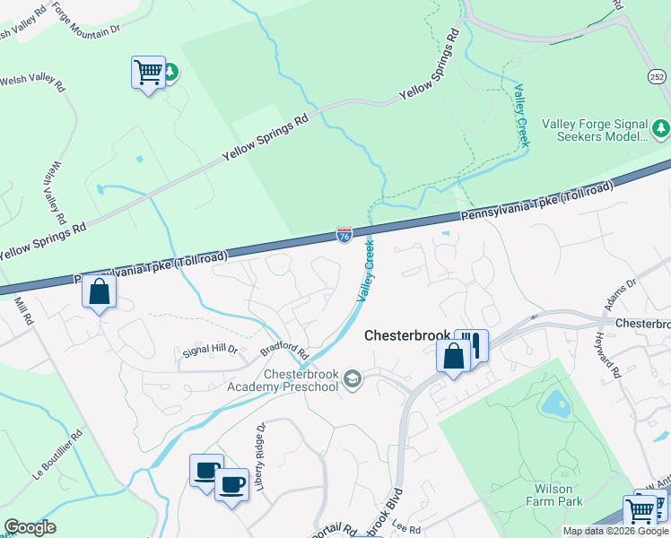 map of restaurants, bars, coffee shops, grocery stores, and more near 263 Valley Stream Lane in Chesterbrook