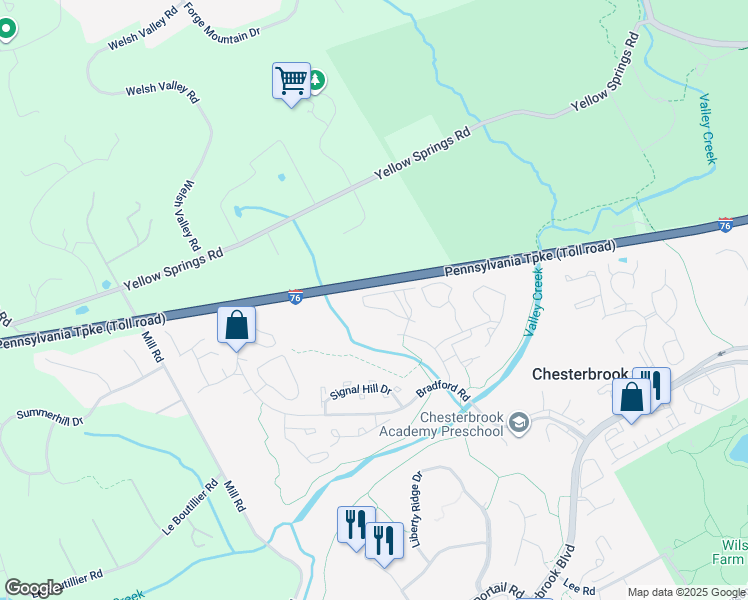 map of restaurants, bars, coffee shops, grocery stores, and more near 212 Washington Place in Chesterbrook