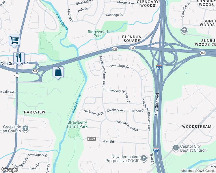 map of restaurants, bars, coffee shops, grocery stores, and more near 5210 Strawberry Farms Boulevard in Columbus