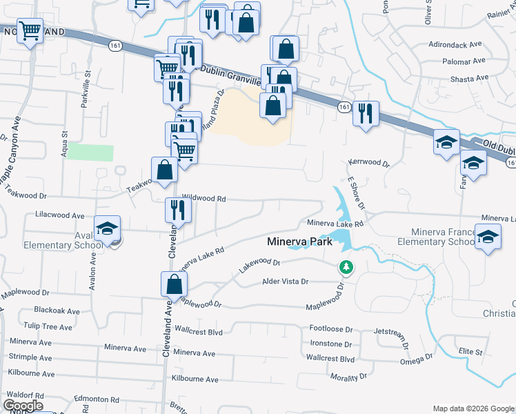 map of restaurants, bars, coffee shops, grocery stores, and more near 2662 Wildwood Road in Columbus