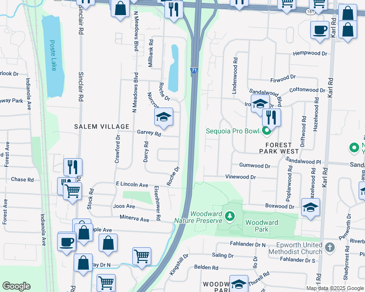 map of restaurants, bars, coffee shops, grocery stores, and more near 5475 Roche Drive in Columbus