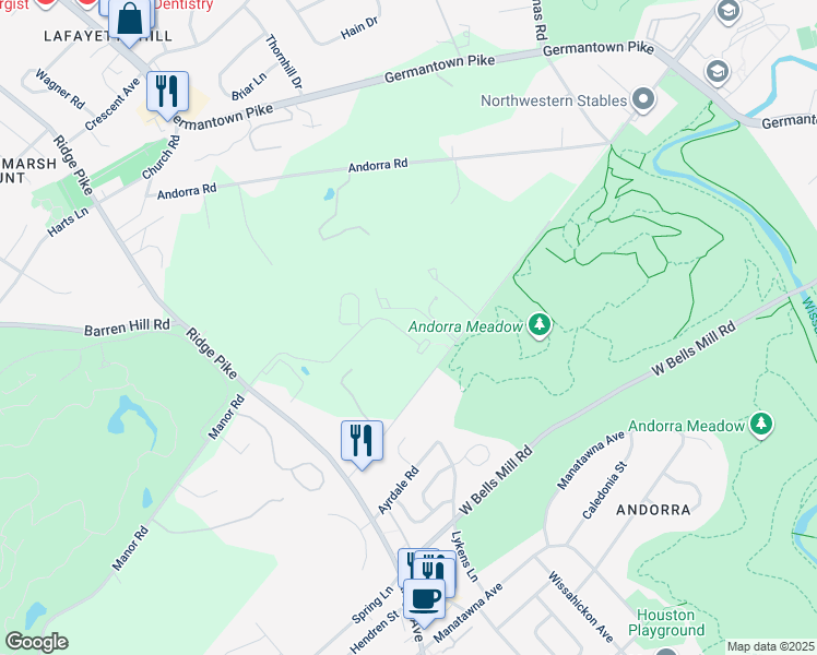 map of restaurants, bars, coffee shops, grocery stores, and more near 205 Manor Road in Montgomery County